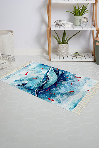 Tropikhome Banyo Paspası Balık Desenli Baskılı 50x80 Püsküllü Polyester Kayma...