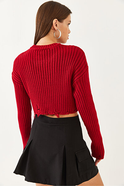 Bianco Lucci Women's Crew Neck Ripped Detailed Crop Knitwear Sweater 85001025