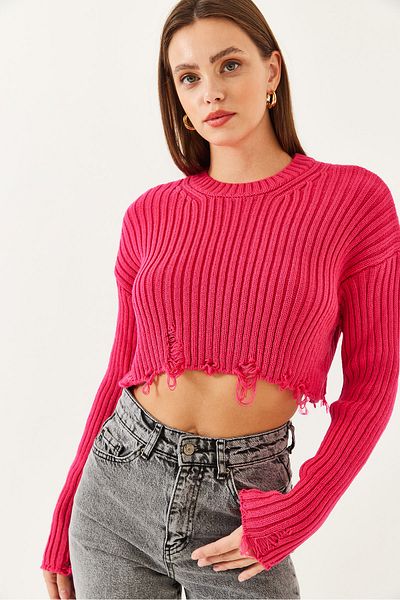 Bianco Lucci Női Crew nyakú szakadt részletes Crop kötöttáru pulóver 85001025