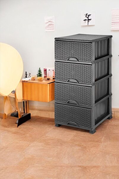 LeesHome Büyük Boy Gri Hasır Elif Kapaklı 4 Plastik 4 Çekmeceli Komidin Sebze...