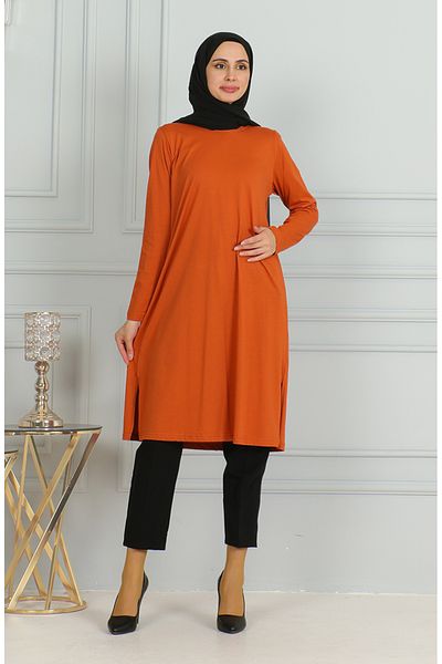 sefamerve Tunica lunga cu fanta de culoare caramida - 9141-01