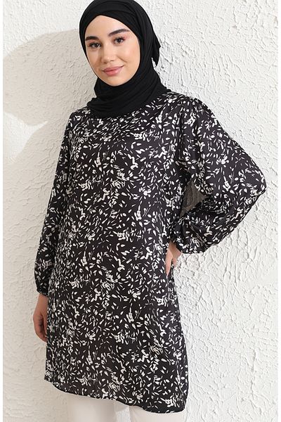 sefamerve Patterned Black Tunic - Elastic Sleeve, Model 84002-01