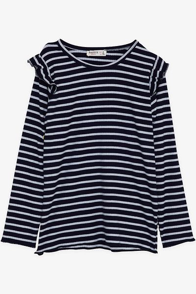 Breeze Tricou cu mânecă lungă pentru fetiță, în dungi, cu umeri, 6-12 ani, bleumarin