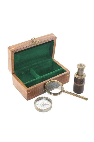 HİMARRY Sable Party Party Accessory & Costume Wooden Box Brass Compass Binocular Magnifier Set