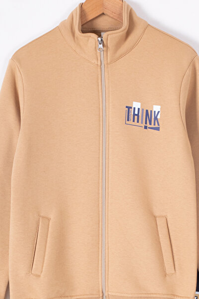 Cansın Mini Boy's Tracksuit Set - Tan Text Printed, Cardigan, Hoodie - 19626