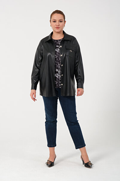 eren büyük beden Cepli Düğme Detaylı Süet Astarlı Büyük Beden Deri Ceket Bluz