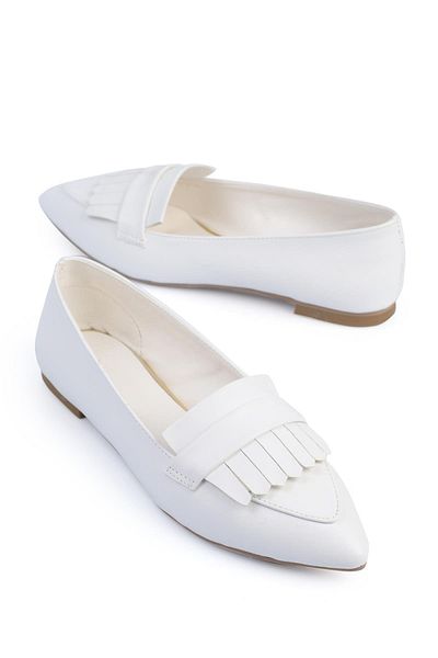 ShoeTek Balerini de damă cu ciucuri din piele albă Estrella