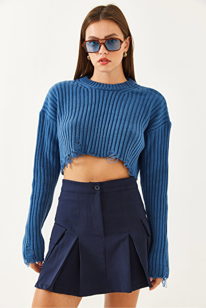 Bianco Lucci Dámský pletený svetr s roztrhaným výstřihem a krkem 85001025