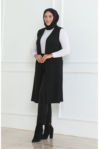 sefamerve Large Size Draped Long Seasonal Vest 8739A-01 Black