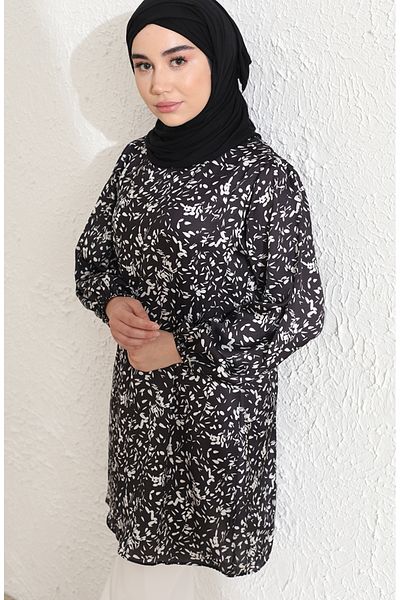 sefamerve Patterned Black Tunic - Elastic Sleeve, Model 84002-01