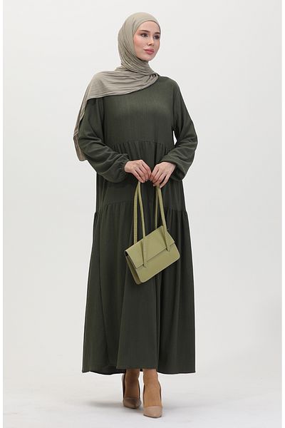 sefamerve Khakifarbenes, gerafftes Kleid mit Kordelzug – 1048-03