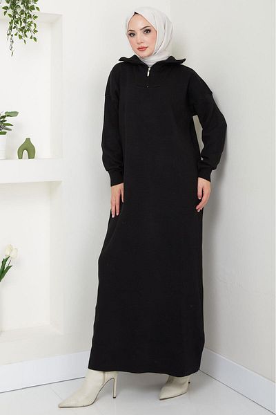 hafsamina Μαύρο μονόχρωμο πλεκτό φόρεμα - Γιακάς με φερμουάρ HM2568