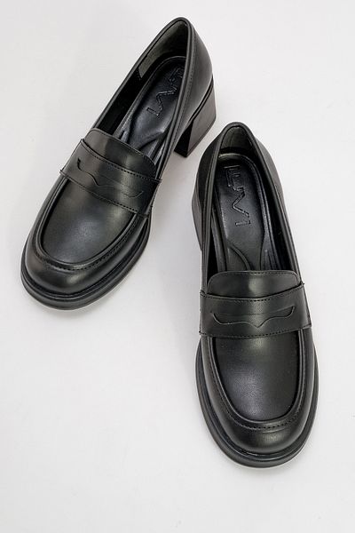 LuviShoes BURTON Black Skin Damen-Loafer-Schuhe mit dickem Absatz