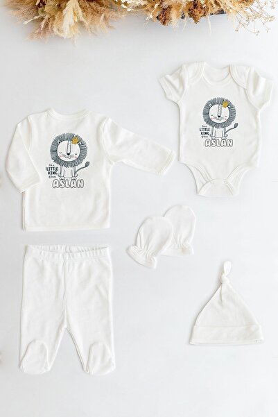 Lilabio %100 Organik Isme Özel Isimli 5li Hastane Çıkışı Alt Üst Takım Set Aslan