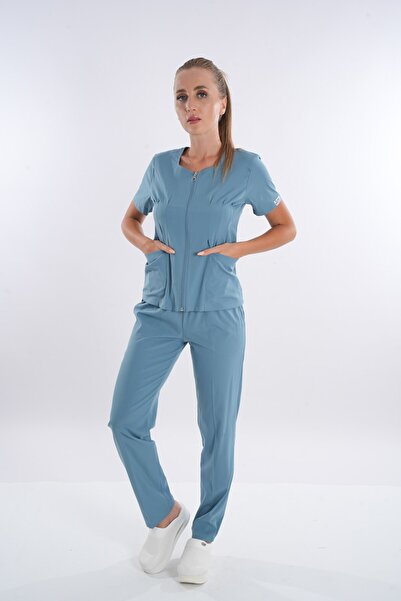 Nur Medikal Giyim Costum de uniformă chirurgicală pentru medic, asistentă, model Lily, culoare albastru petrol, cu fermoar, din lycra moale