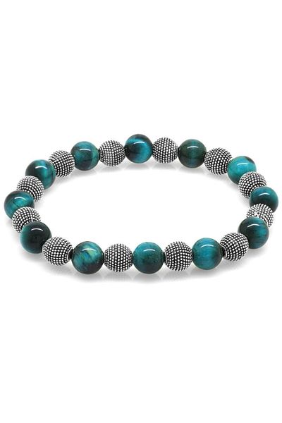 Tesbihane Turquoise Tiger Eye Metal Combination Globe Cut Natural Stone Bracelet