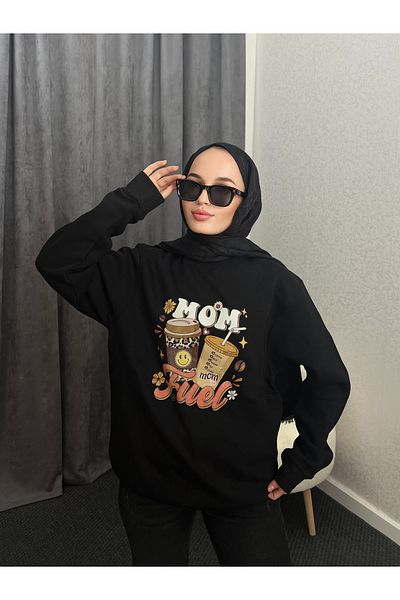 CHQEL Mom Coffee Coffee Printed Mother Sweat, Hanorac pentru gravidă, Naștere, Mamă, Cadou pentru bebeluș Negru