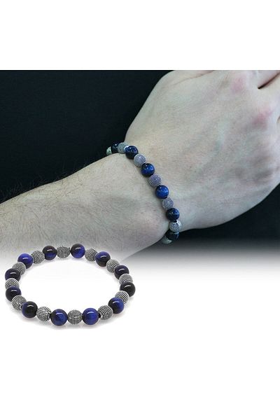 Tesbihane Blue Tiger Eye Metal Combination Globe Cut Natural Stone Bracelet
