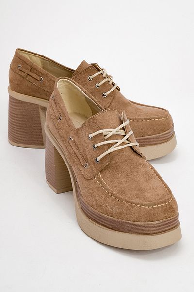 LuviShoes DUDLEY Dunkelbeige Wildleder-Schnürschuhe für Damen mit Plateauabsatz