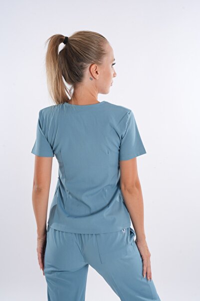 Nur Medikal Giyim Costum de uniformă chirurgicală pentru medic, asistentă, model Lily, culoare albastru petrol, cu fermoar, din lycra moale