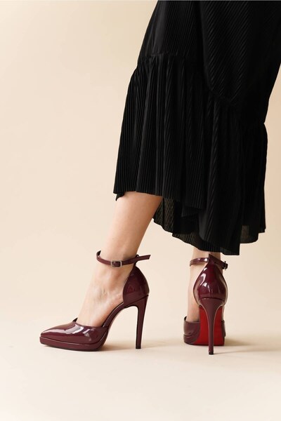 Ayakkabı Ateşi Kadın Baretli Sivri Burun Topuklu Ayakkabı Minora  Bordo