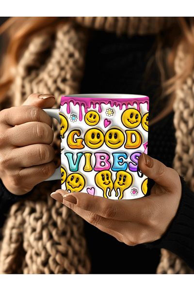 Evion Good Vibes Printed 3D Design Ceramic Mug - Gift Mug