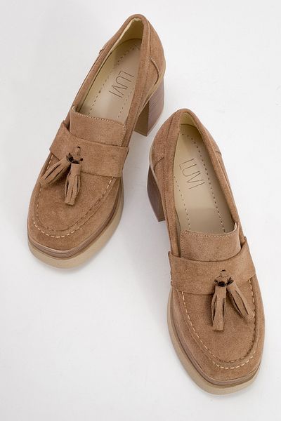 LuviShoes LETON Pantofi cu toc cu platformă de damă cu ciucuri din piele intoarsa bej inchis