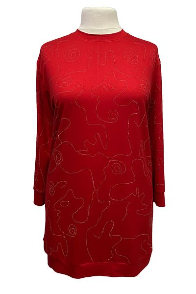 Giyinen Mağazaları Red Sanem Round Neck Stone Embroidered Combed Cotton Tunic