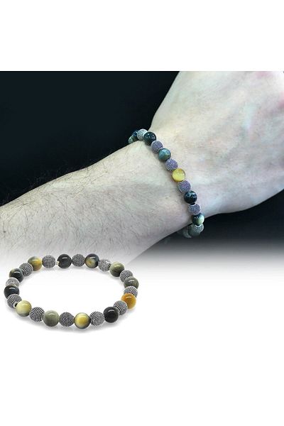 Tesbihane Multicolored Tiger Eye Metal Combination Globe Cut Natural Stone Bracelet