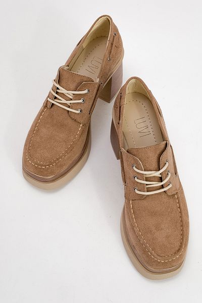 LuviShoes DUDLEY Dunkelbeige Wildleder-Schnürschuhe für Damen mit Plateauabsatz