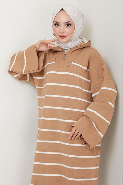 hafsamina Striped Spanish Sleeve Zippered Trucker Collar Knitwear Dress Camel Hm2566