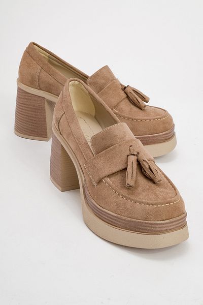 LuviShoes LETON Pantofi cu toc cu platformă de damă cu ciucuri din piele intoarsa bej inchis