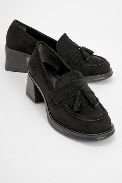 LuviShoes MARLO Damen-Loaferschuhe aus schwarzem Wildleder mit Quasten und dickem Absatz