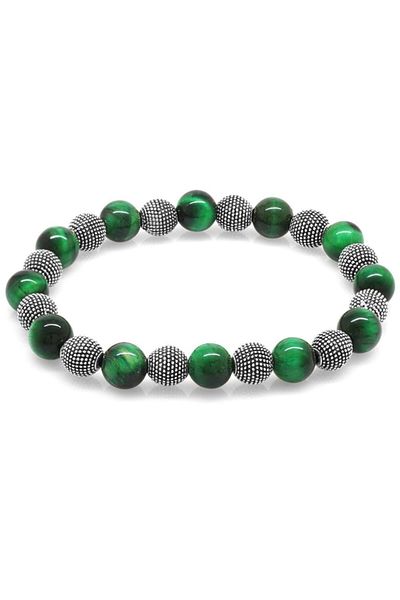 Tesbihane Green Tiger Eye Metal Combination Globe Cut Natural Stone Bracelet