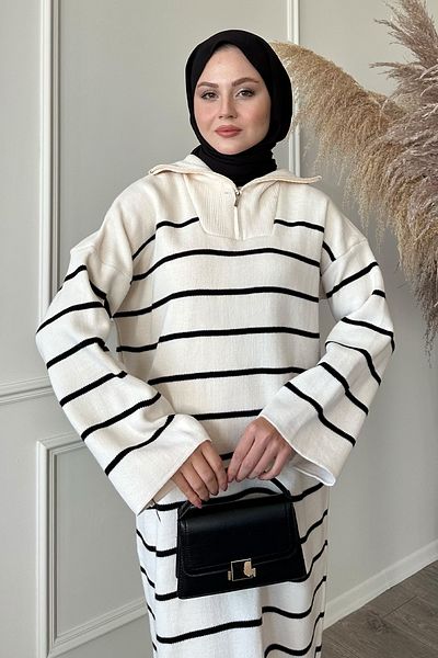 InStyle Tenké pruhované ecru úpletové šaty na zips