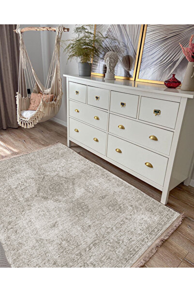 Halımax Drom Kaymaz Tabanlı Yıkanabilir Bej Vingate Desenli Modern Halı