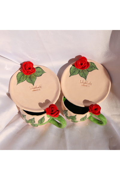 Lily & Loly Ceramics Gül Çiçek Kulplu Yeşil Yaprak Çizimli 2'li Türk Kahvesi Seti- Gül Kulplu El Yapımı Seramik Fincanlar