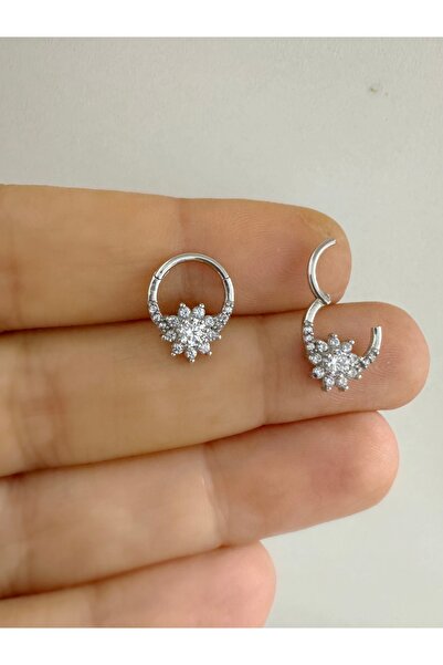 Arescollection 1 adet G23TİTANİUM ( titanyum) zirkon taşlı septum daith  helix lobe uyumlu menteşeli halka piercing