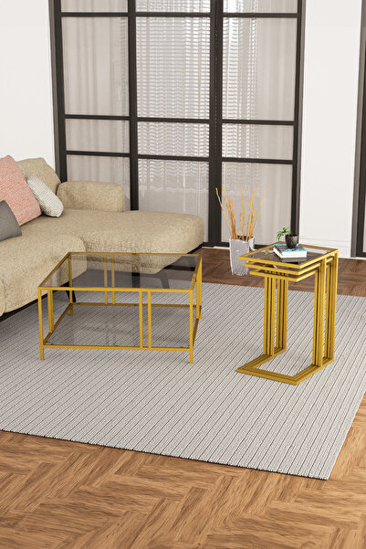 DEKOPRATİK URANÜS GOLD ORTA SEHPA FÜME CAM & İBİZA GOLD ZİGON SEHPA FÜME CAM