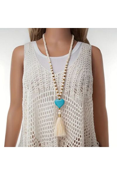 Store Wooden Beaded Boho Nib Tasseled Heart Necklace