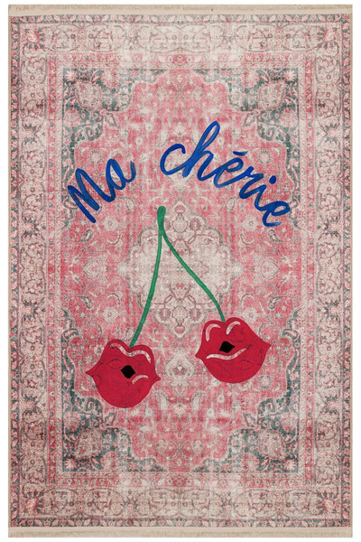 Halımax Drom Kaymaz Tabanlı Yıkanabilir Vintage Kırmızı Ma Cherie Yazılı Halı