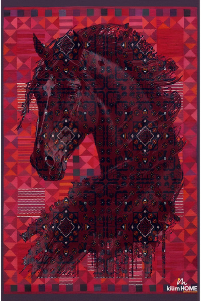 Halımax Drom Kaymaz Tabanlı Yıkanabilir Etnik At Figürlü Modern Halı