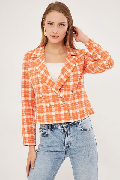 armonika Γυναικείο λευκό-πορτοκαλί διπλό γιακά Tweed Crop Jacket ARM-24K 001014