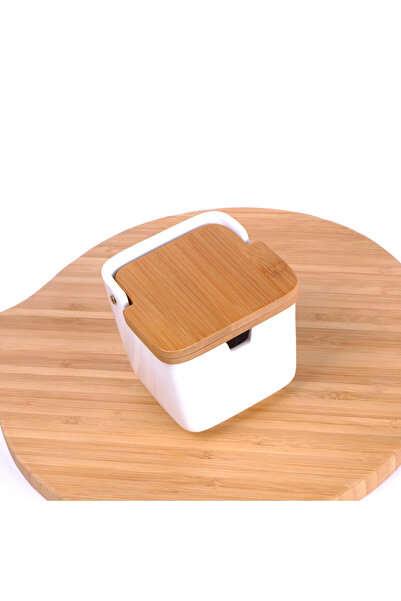 morponi Bambu Kapaklı Porselen Kaşıklı Tuz Kabı Düz 1 Adet 250 ml (9*9*8,6 CM...