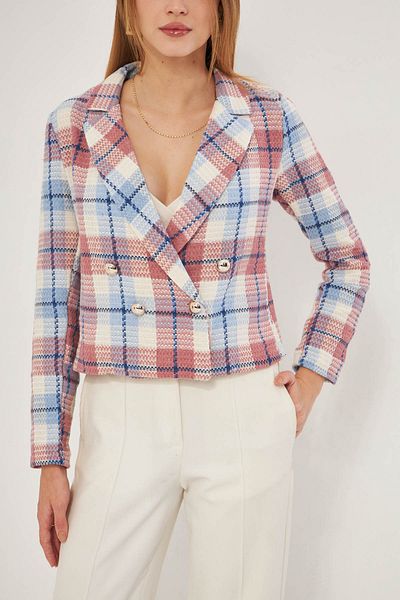 armonika Jachetă de damă, albastru-roz, cu guler dublu, din tweed, ARM-24K 001014