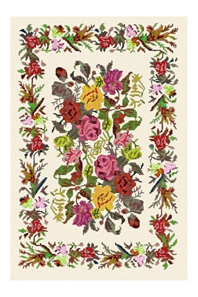 Halımax Drom Kaymaz Tabanlı Yıkanabilir Beyaz Karabağ Çiçekli Halı