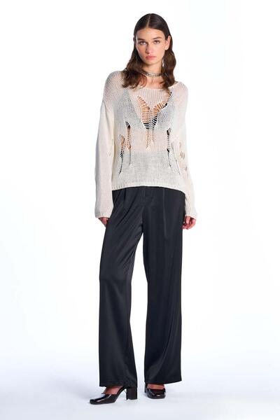 SHERIN Ekru Sökük Detaylı Triko Kazak