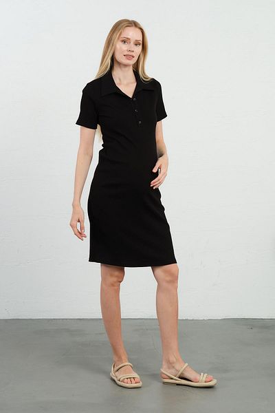 BUSA Rochie de maternitate cu decolteu polo cu maneca scurta cu nervuri neagra