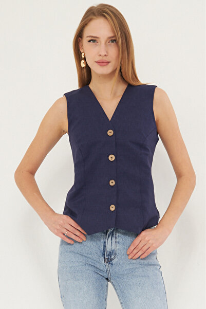 armonika Ženski mornarički V-izrez opremljen linen izgled obloženi prsluk ARM...