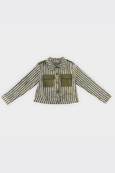 Panço Kız Çocuk Cep Detaylı Çizgili Haki Ceket